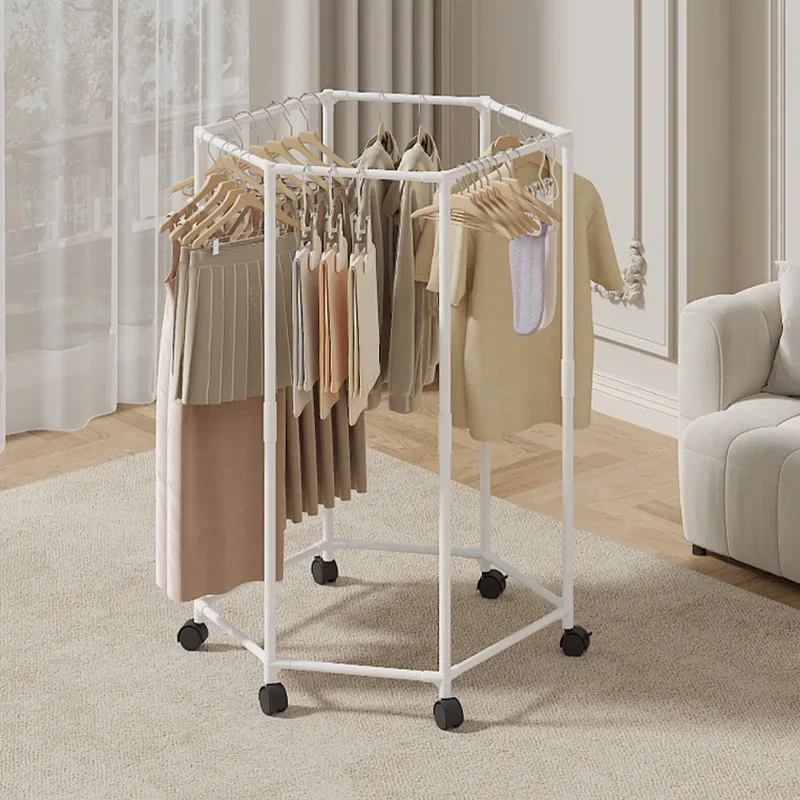 1pc Rotating Clothes Rack Home Metal Hexagonal Clothes Drying Rack Movable Balcony Bedroom Clothing Storage Rack With Pulleys