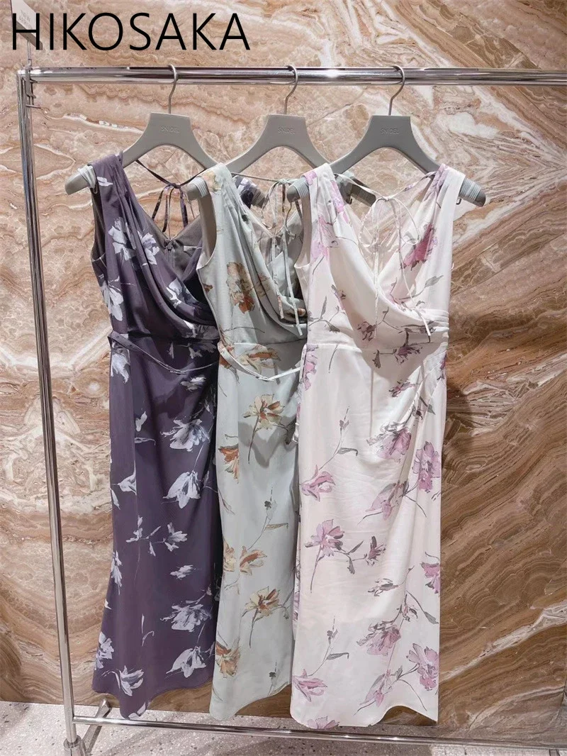 

Fresh Floral Print Chic Elegant Women Dress V-neck Sleeveless Summer Package Hip Robe 2025 New Japan Style Elegant Vestidos