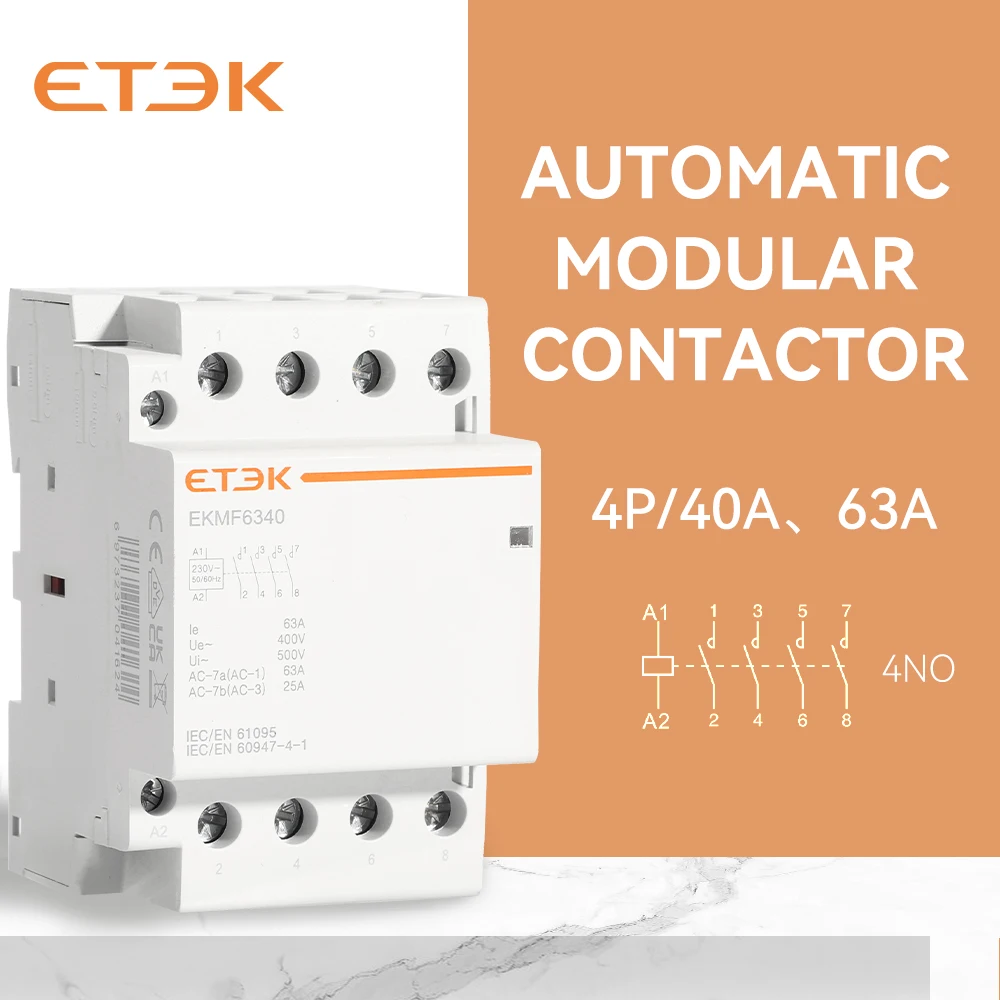 ETEK  Three Phase AC Type  4pole 220V 50Hz Din Rail Household  25A 40A 63A Modular Contactor Switch Controller  EKMF