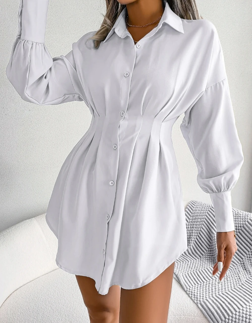 المرأة عارضة أزرار طويلة الأكمام قميص اللباس الخريف بلون التلبيب فستان قصير ملابس امرأة #5