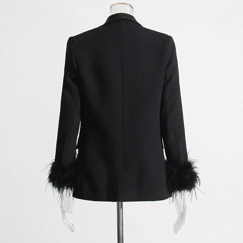 HKSH Spring Autumn New Women Blazer Turn-down Collar Studded Diamonds Single Button Cuff Spliced Feather Luxury Ins Coat HK16316