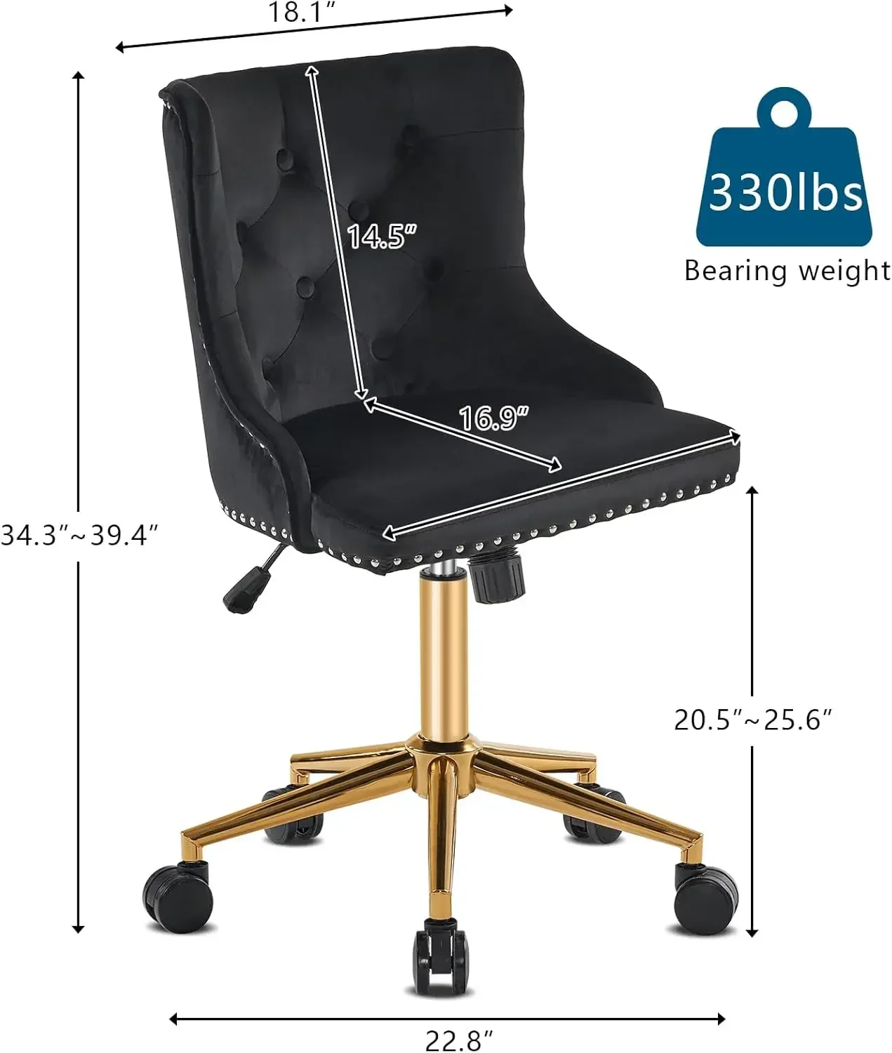 Black Velvet Armless Home Office Desk Chair with Gold Base/Wheels, Modern Small Rolling Task Accent Chair for Bedroom