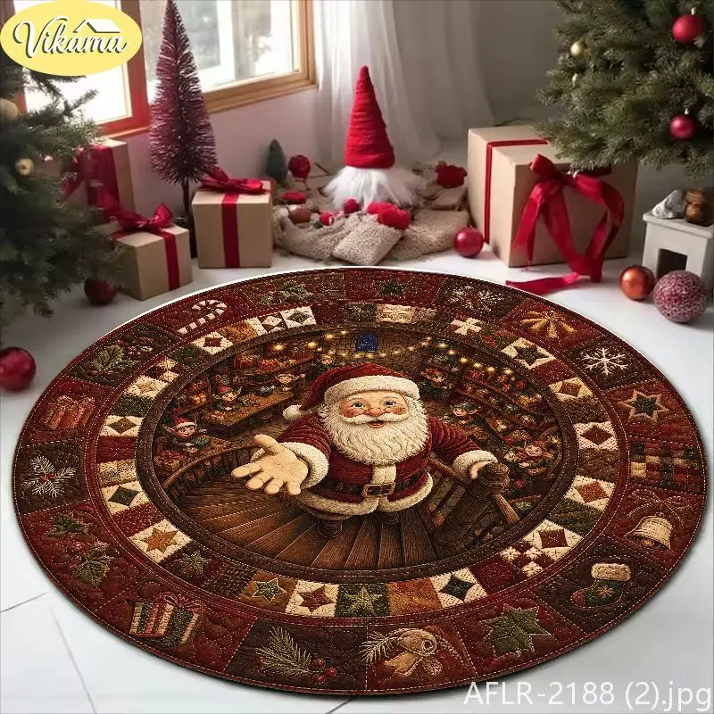VIKAMA 3D Visual Deep-Pile Santa Claus Rug, Retro Patchwork Washable Non-Slip Living Room Rug, Christmas Home Decor