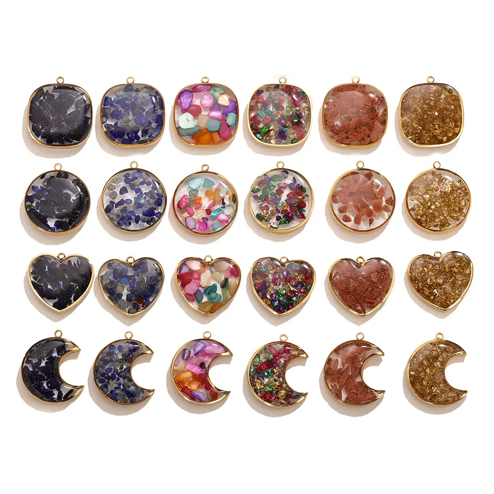 1 stücke Edelstahl Harz Kies Charms Für Schmuck Zeug Mond Runde Herz Form Anhänger Halskette Schmuck Erkenntnisse Teile