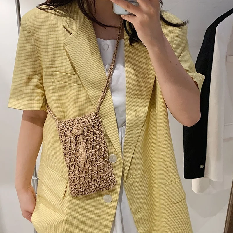 

Beach Mobile Phone Bag 2023 Summer Mini Crossbody Vintage Female Handmade Straw Tassel Bag Girls Small Shoulder Bag