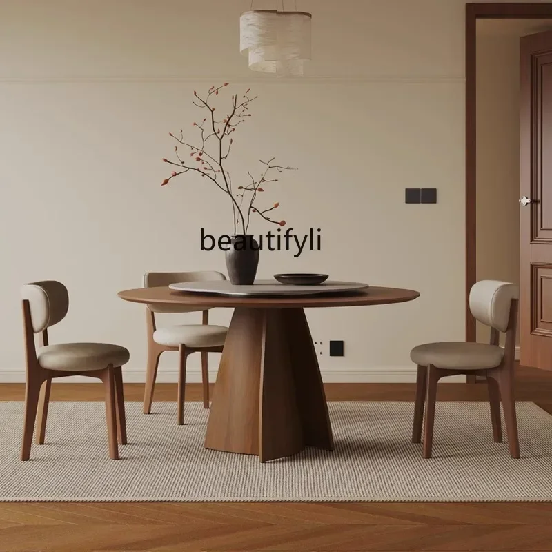 ls 42Nordic medieval round solid wood rock slab dining table household small apartment restaurant dining table round dining tabl
