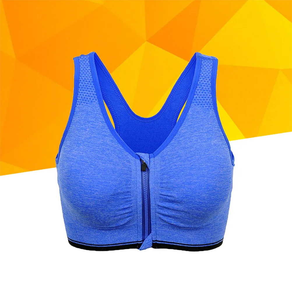 Sports Bra No Steel Ring Front Zipper Shockproof Breathable Running Fitness Yoga Workout Bra Padded Blue Size S High Impact