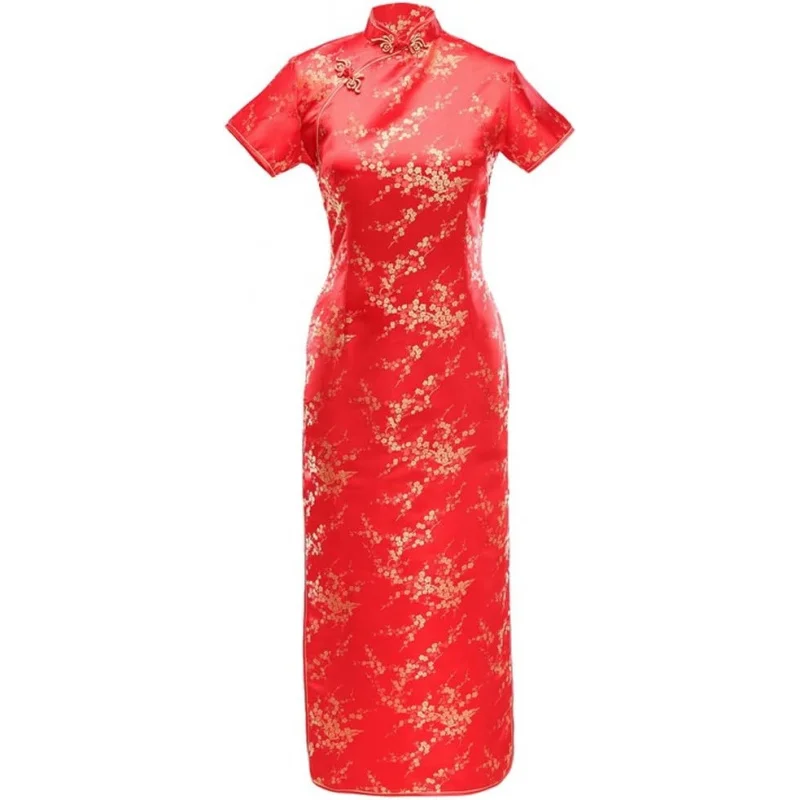 

Women's Sexy VTG Red Floral Long Chinese Prom Dress Cheongsam