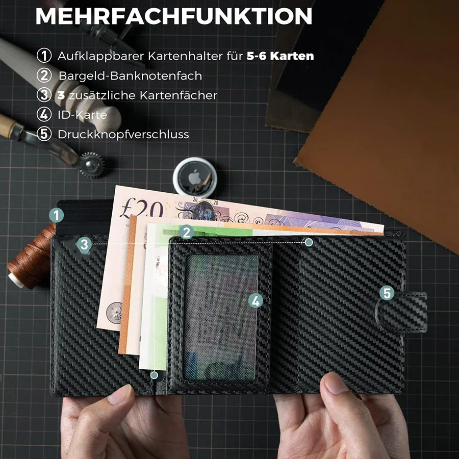 Carteira RFID fina masculina com compartimento para moedas Porta cartão de crédito Carteira pop up para homens