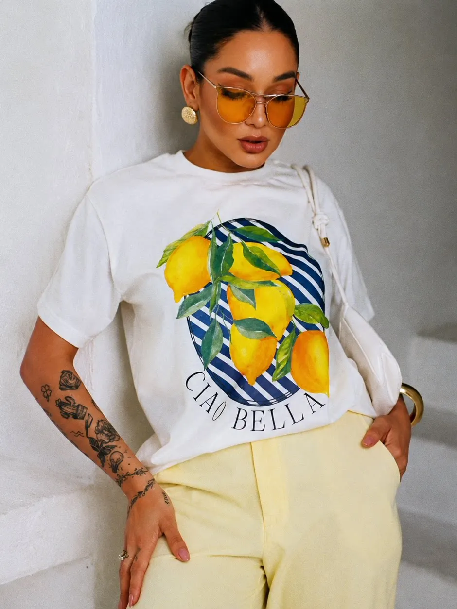 Retro Italian Lemon Graphic Cotton T Shirt Women Blue Striped Frame Print Crew Neck Loose Short Sleeve Amalfi Coast Casual Tee