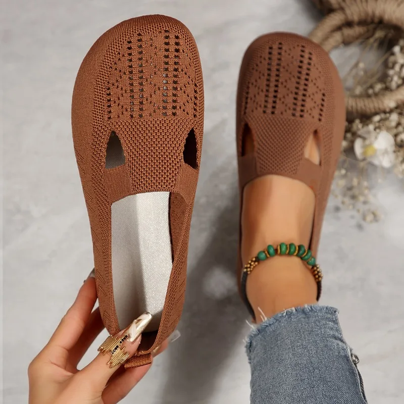 Loafers Autumn Casual Shoes Women Flat Heel Square Toe Hollow-out Sneakers Barefoot Shoes Moccasin Female Knitted Flats