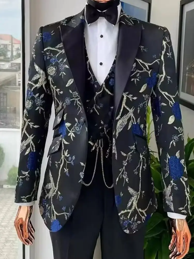 Jacquard Formal Suits Men For Wedding Raven And Forest Pattern Blazer 3 Piece Customized Groom Tuxedo (jacket+ Vest + Pants)
