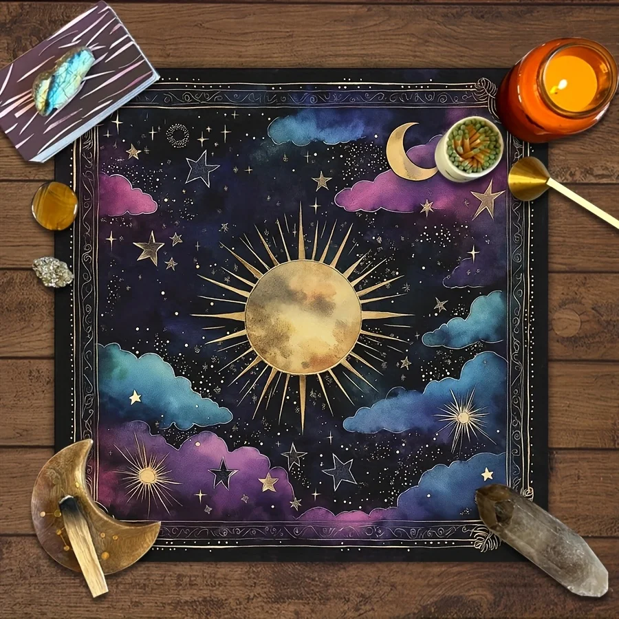 VIKAMA 2/4PC Astrology Crystal Tablecloth Sun Moon Star Cloud Black Gold Frame Meditation Mysticism Decoration