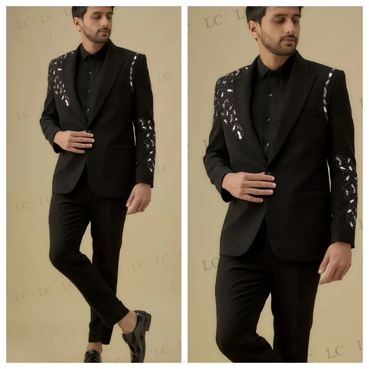 

Gentle 2 Pieces Blazer Pants Men Suits Sheer Lapel Appliques Beads Fashion Tuxedo Slim Wedding Groom Prom Plus Size Customed