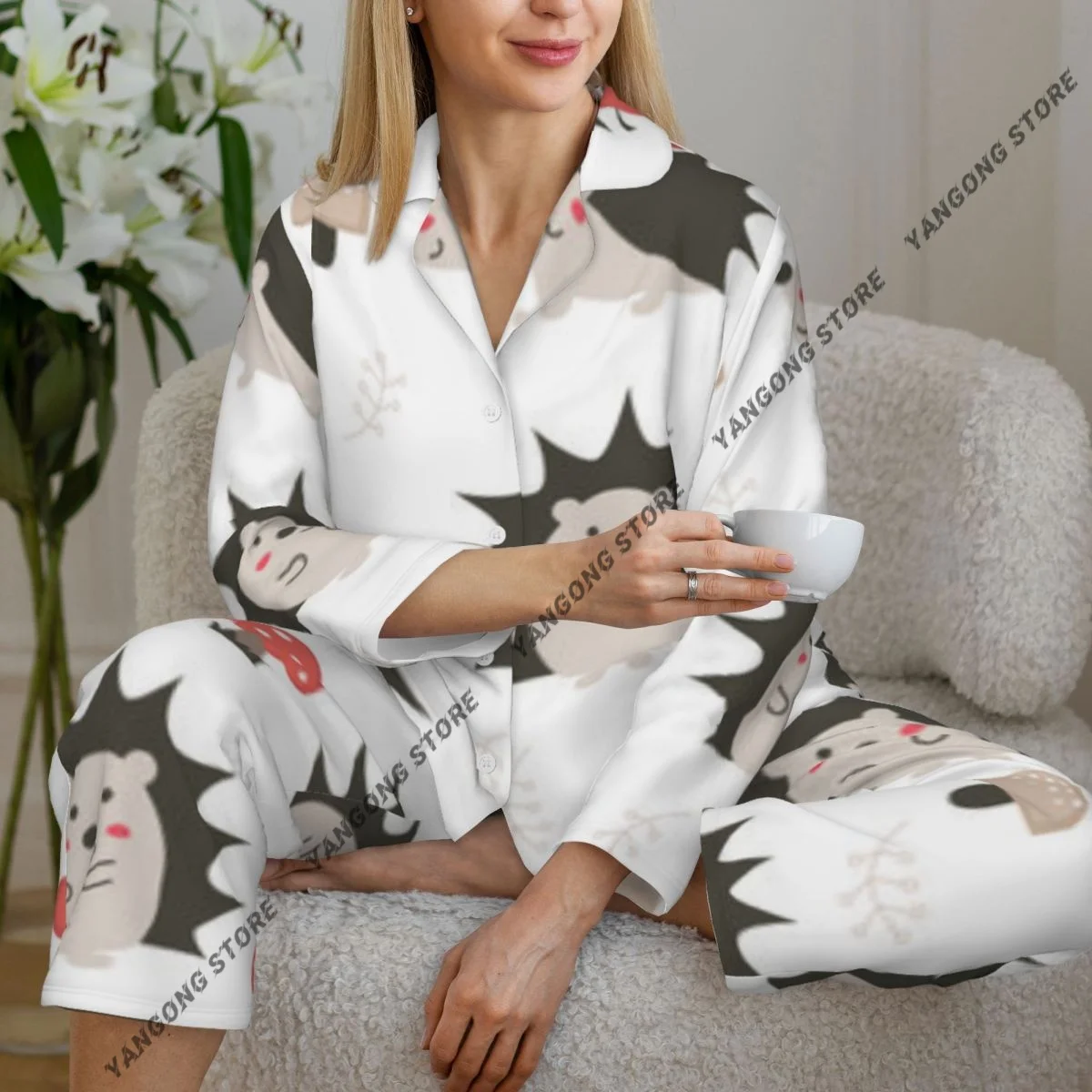 Women Sleepwear Loungewear Cute Hedgehogs Mushrooms Apples Long Sleeve Lapel Neck Shirt and Elastic Waist Pants Pajamas Set
