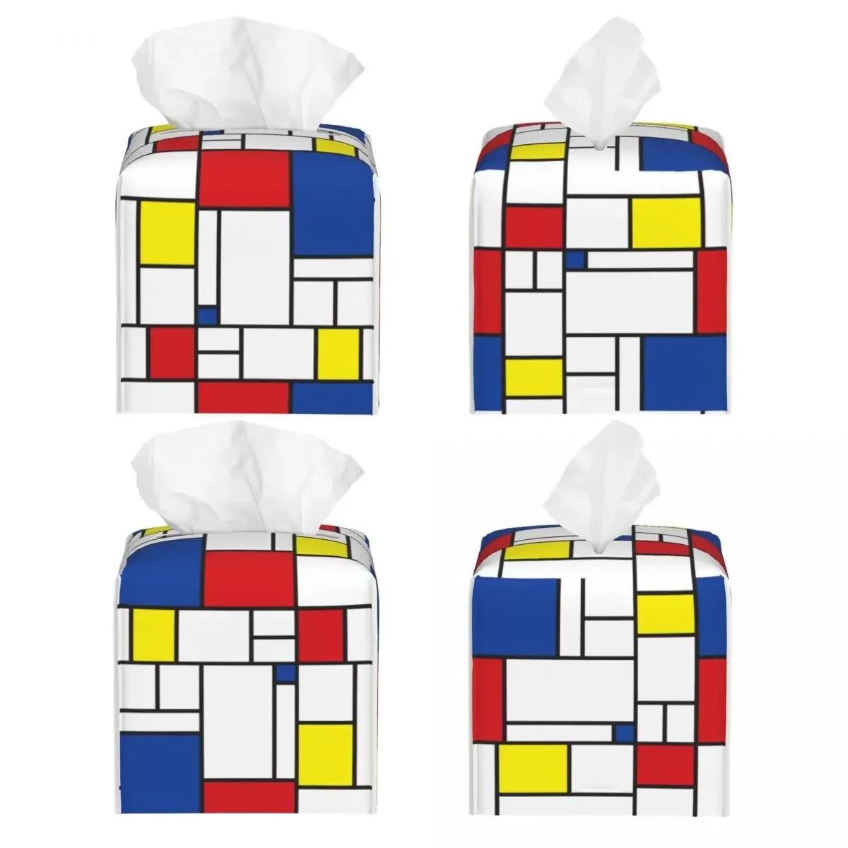 Custom Mondrian Minimalist Modern Art Tissue Box Cover PU Leather Square Color Art Plaid Facial Tissues Holder for Office