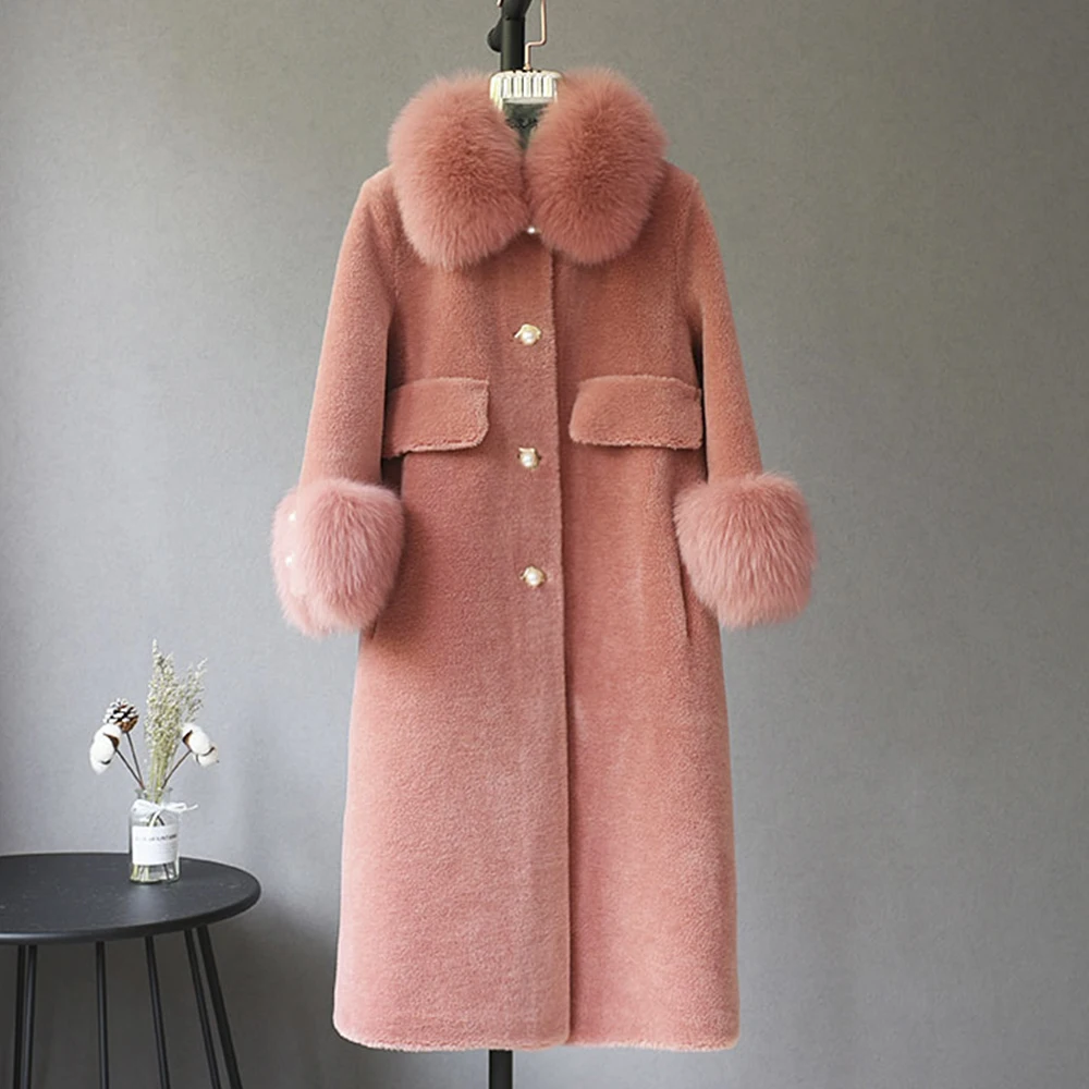 

2024 Fashion Real Sheep Shearing Winter Jacket Double-faced Genuine Leather Natural Fox Fur Collar Thick Warm Outerwear