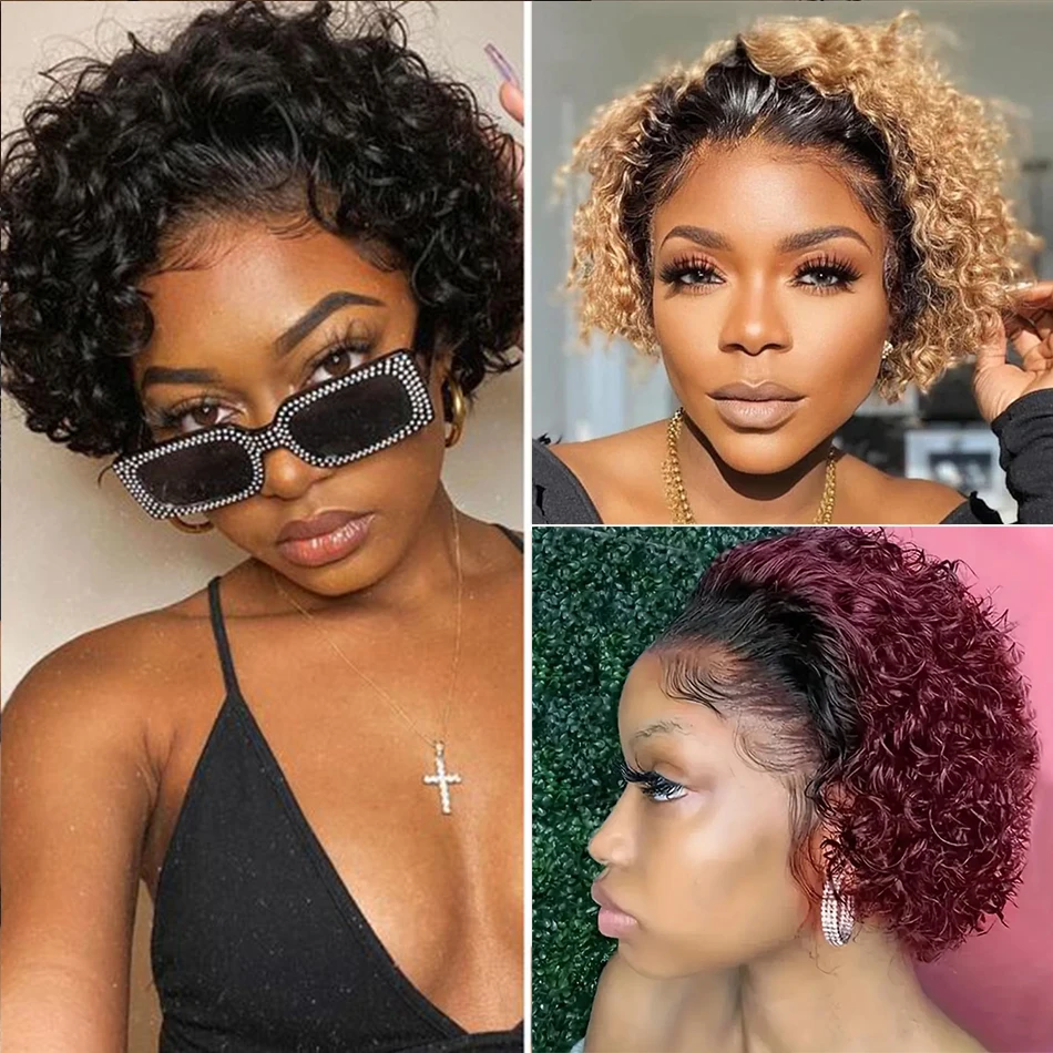 Pixie Cut Wigs Short Kinky Curly Lace Front Human Hair Wigs 13x2 Transparent Lace Frontal Wigs 1B/99 Ombre Water Wave Bob Wig