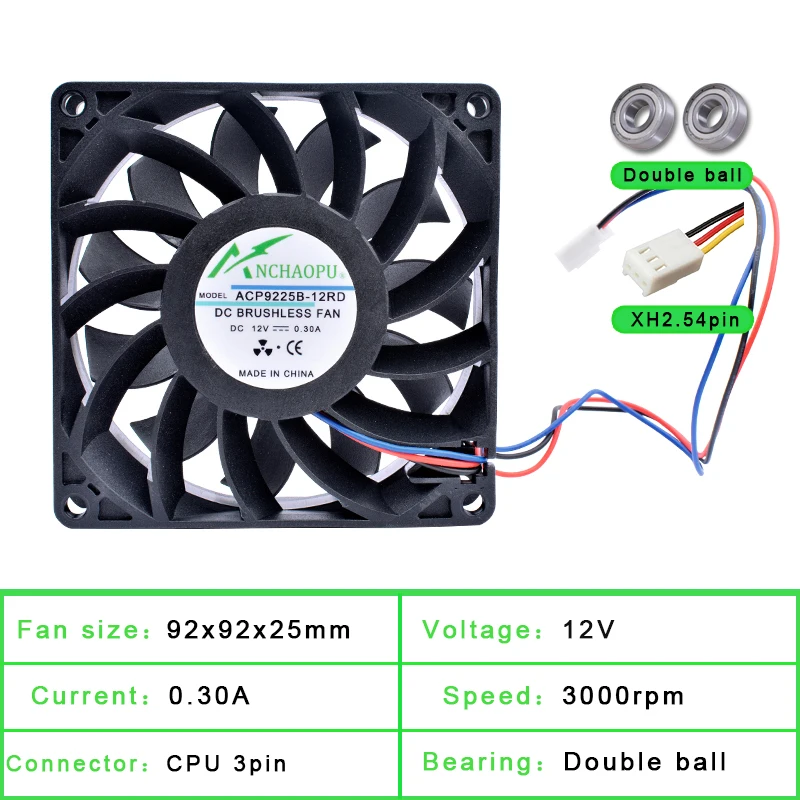 ACP9225B-12RD 9cm 92mm fan 92x92x25mm DC12V 0.30A 3pin RD stall warning is suitable for the cooling fan of the power inverter