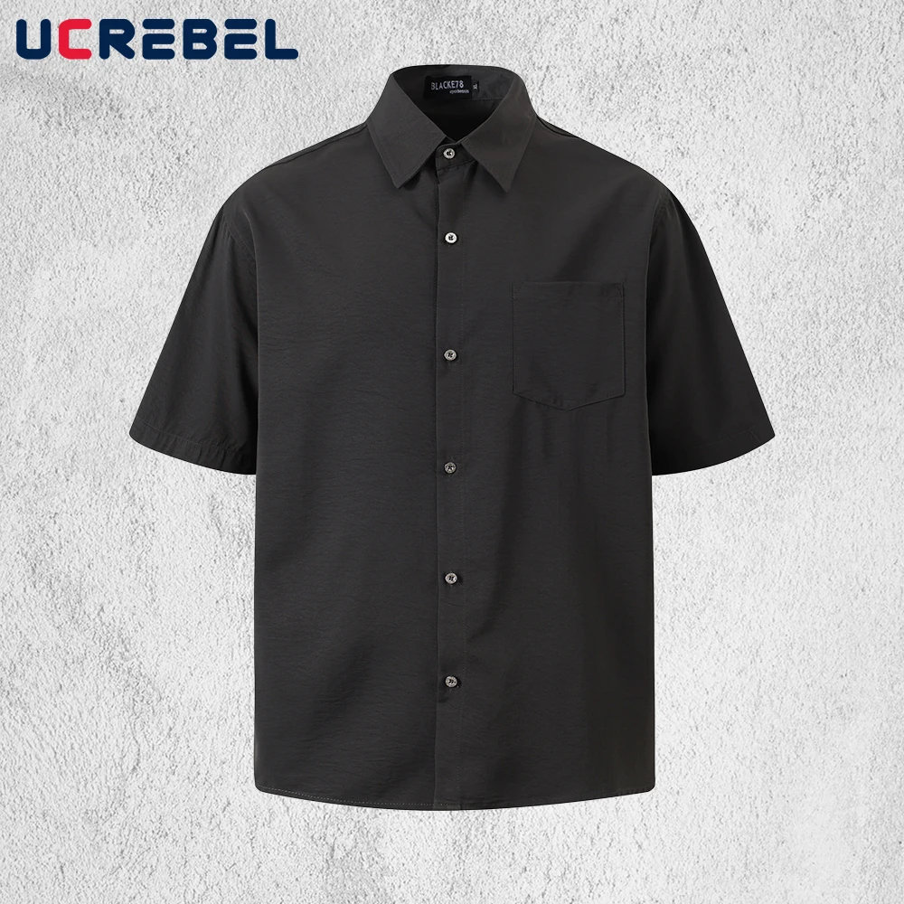 

Мужские однотонные рубашки с коротким рукавом, летние, с карманом, в уличном стиле, на одной пуговице, свободного кроя, с отложным воротником, с изогнутым низом, с полурукавом