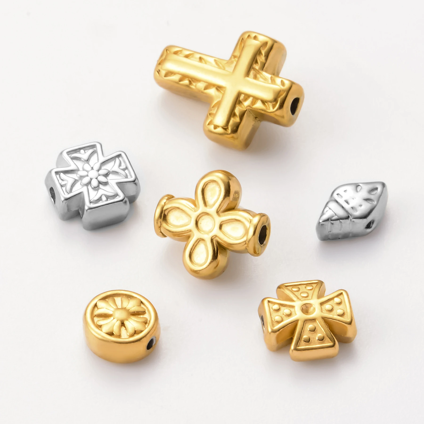 

8Pcs Stainless Steel Cross/Flower/Round Loose Spacer Beads Charm for Jewelry Making Bracelet DIY Accessories Craft Wholesale