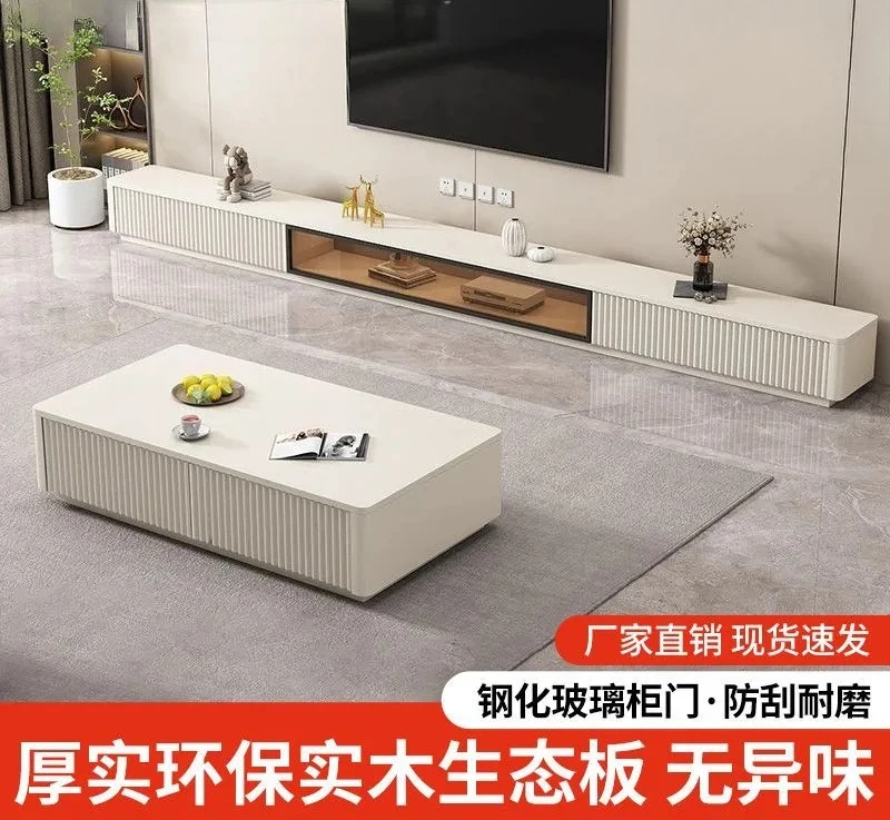 Italian Solid Wood TV Stand Floor to Ceiling Coffee Table Combo with Sensor Light Modern Storage Cabinet for Small Apartment