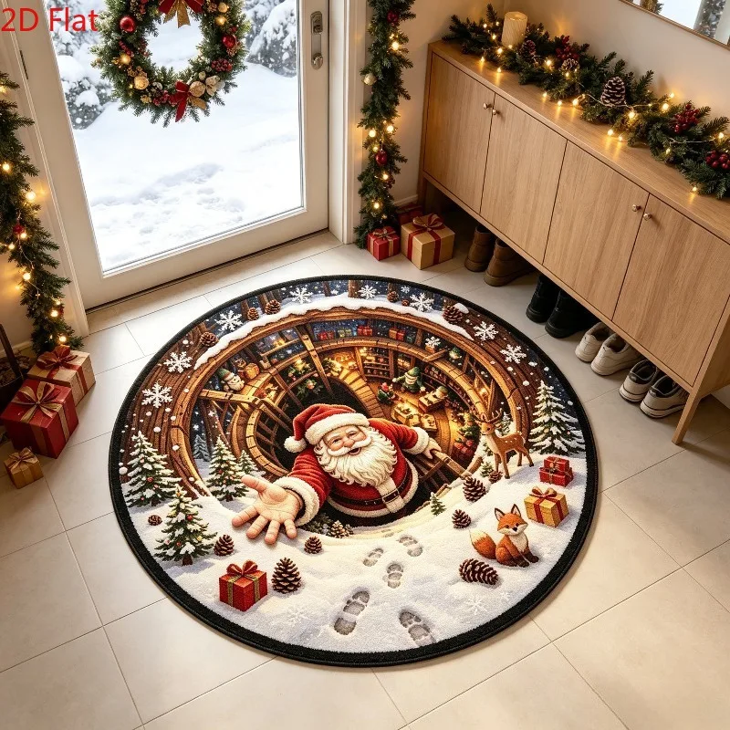 3D Hole Santa Climbing Area Rug 120x120cm Entryway Illusion Decor