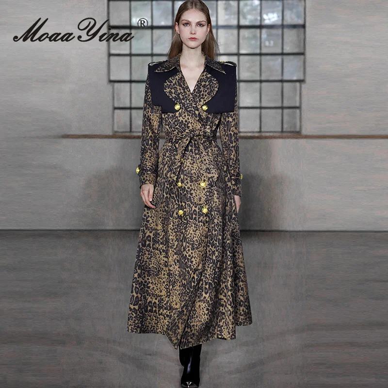 

MoaaYina 2026 Spring Women's New Fashionable Flip Collar Long Sleeve Leopard Print Lace up Waist Double breasted Windbreaker