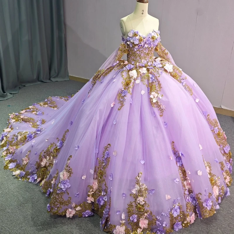 

Customized Lavender Purple Quinceanera Dresses Off the Shoulder sequin applique Long tail 3D flower Vestido 15 Quinceanera