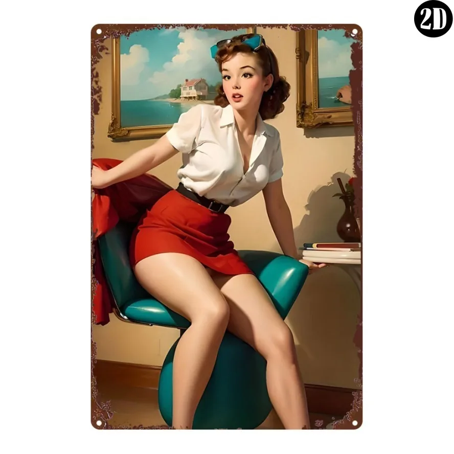 Vintage Metal Tin Sign Classic Pin Up Girl Portrait Retro 50s Style Lady White Shirt Red Skirt Indoor Scene Wall Art Iron Decor