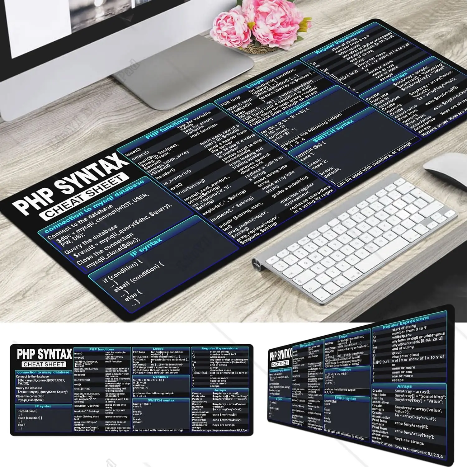 PHP Cheat Sheet Desk Mat for Programmers Developer Desk Accessories Gift Coworker Quick Key Large Anti-Slip Mouse Pad for Office