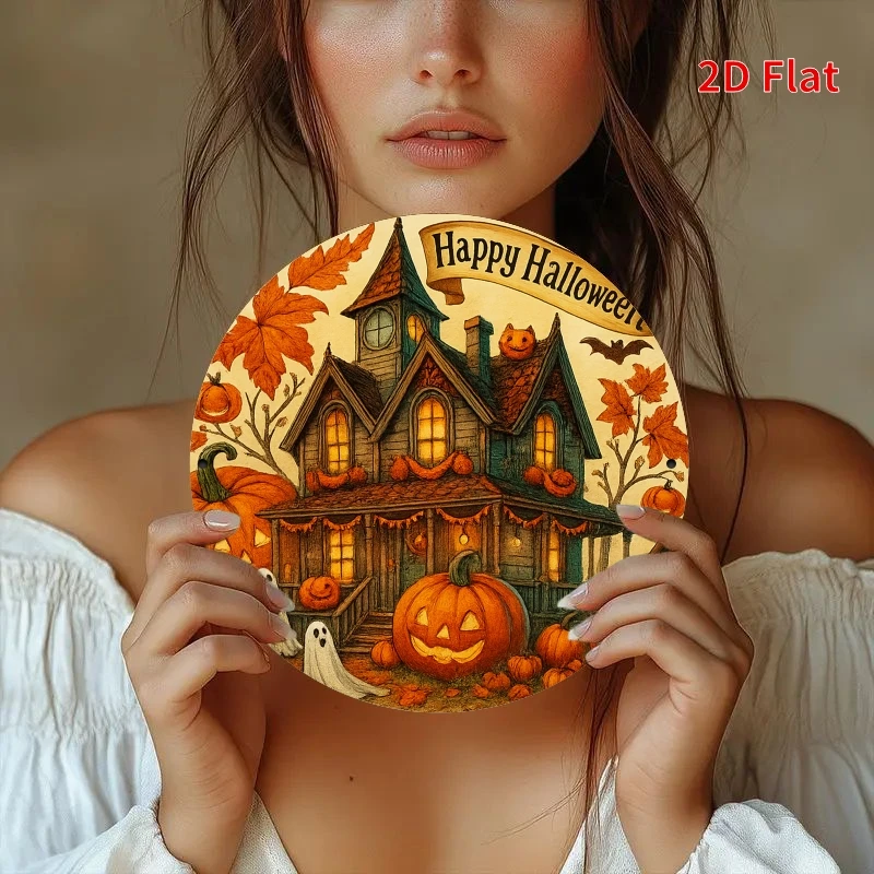 CIFBUY 1pc Vintage Halloween Pumpkin House Metal Tin Sign,2D Flat Laser Cut Art,8x8 Inch Aluminum Wall Decor