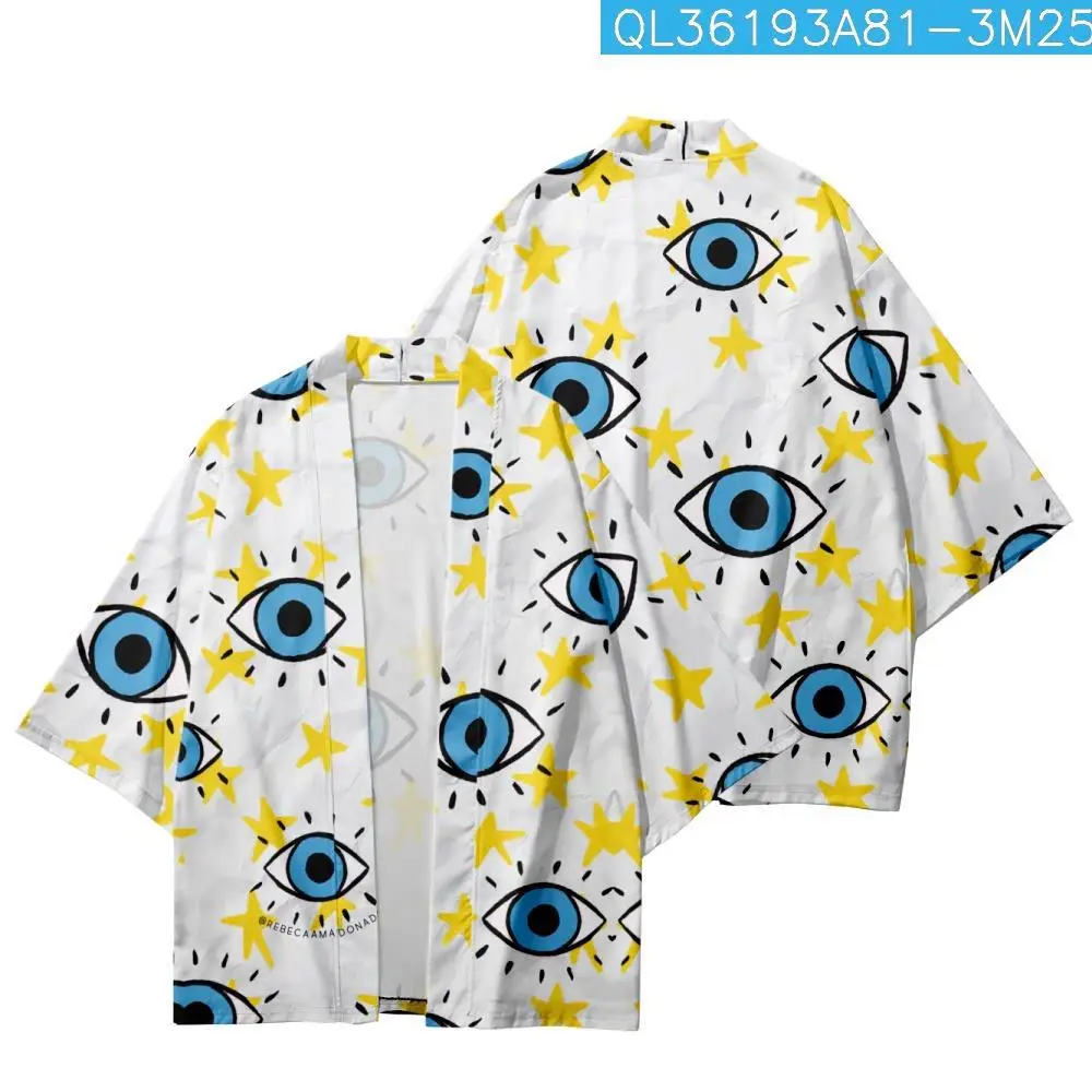 Summer Casual Loose Couple Women Men Haori Yukata Cartoon Star Eye Printed White Kimono Beach Shorts Streetwear Cardigan