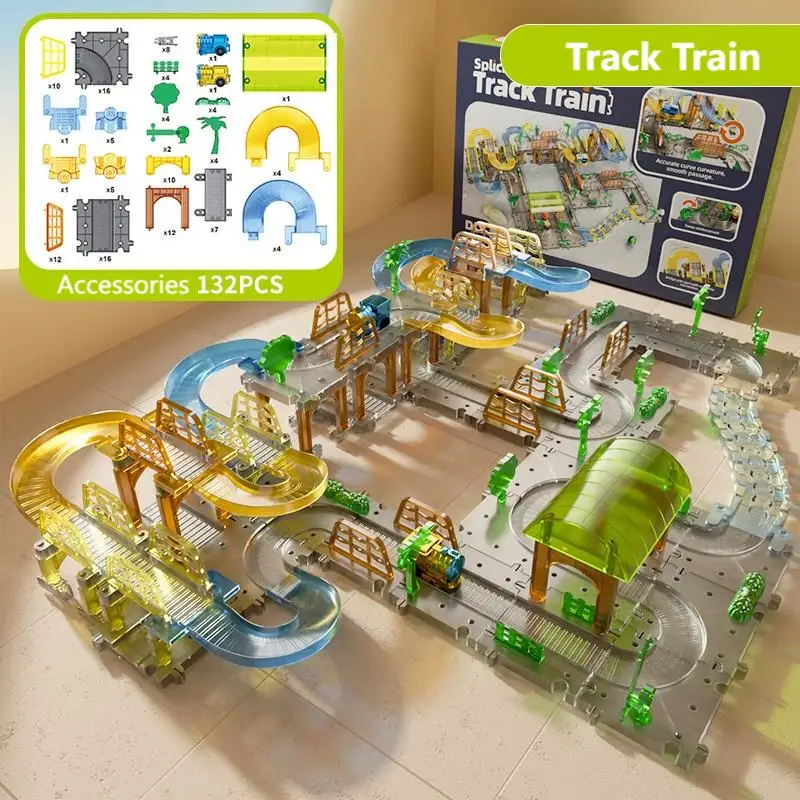 

Набор для сборки треков с электрическим поездом, развивающие STEM-игрушки Монтессори для детей, прозрачные строительные блоки, конструктор для самостоятельной сборки