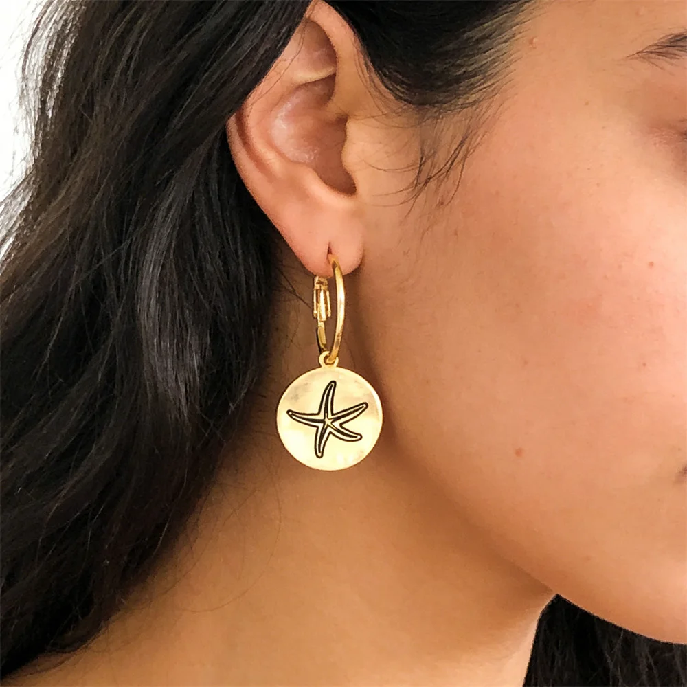 Vintage Starfish Hoop Earrings for Women Gold Tone Round Disc Dangle Earrings Beach Bohemia Fashion Jewelry Nickel Free