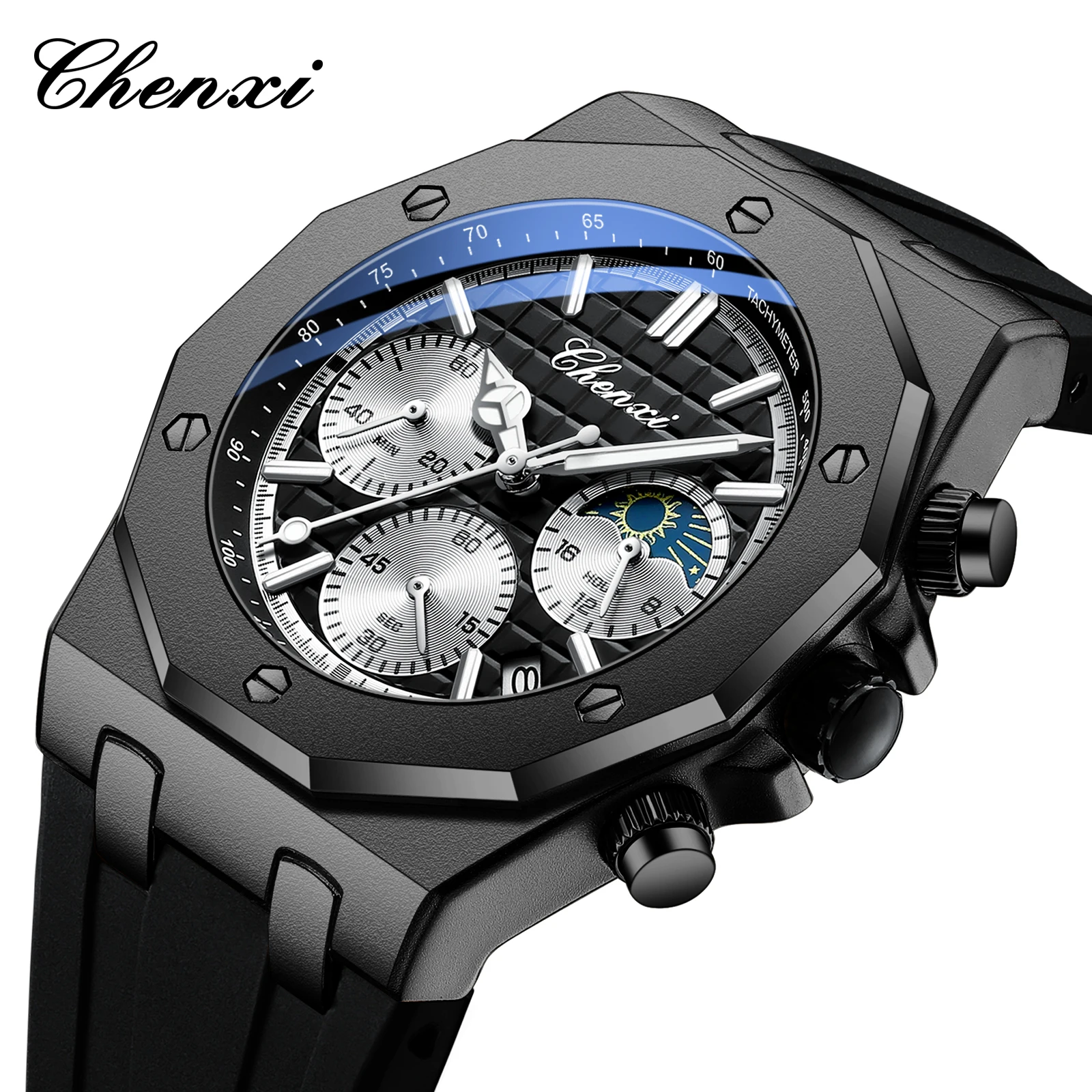 CHENXI 968 Fashion Men's Watch Quartz Waterproof Sports Silicone Strap Chronograph Calendar Night Light Watches for Man Reloj