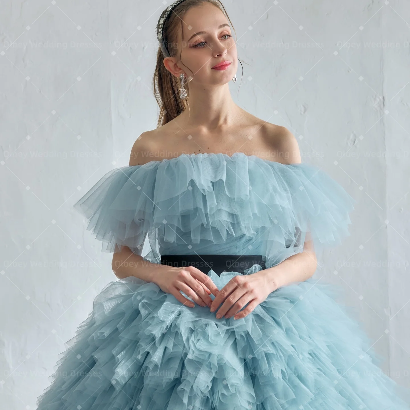 Oloey Customized 2027 Dust Blue Tulle Ball Gown Off Shoulder Tiered Ruffled Evening Dress Black Belt Prom Party Gown