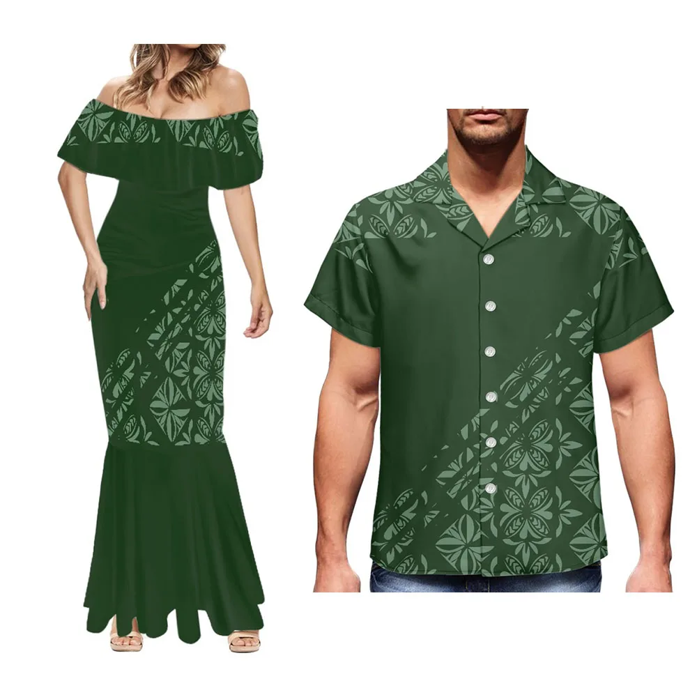 

Ethnic Print Casual Men's Lapel Shirt With Women's One-Line Collar Fashion Sexy Long Skirt Couple Home Dress Polynesian Tribe