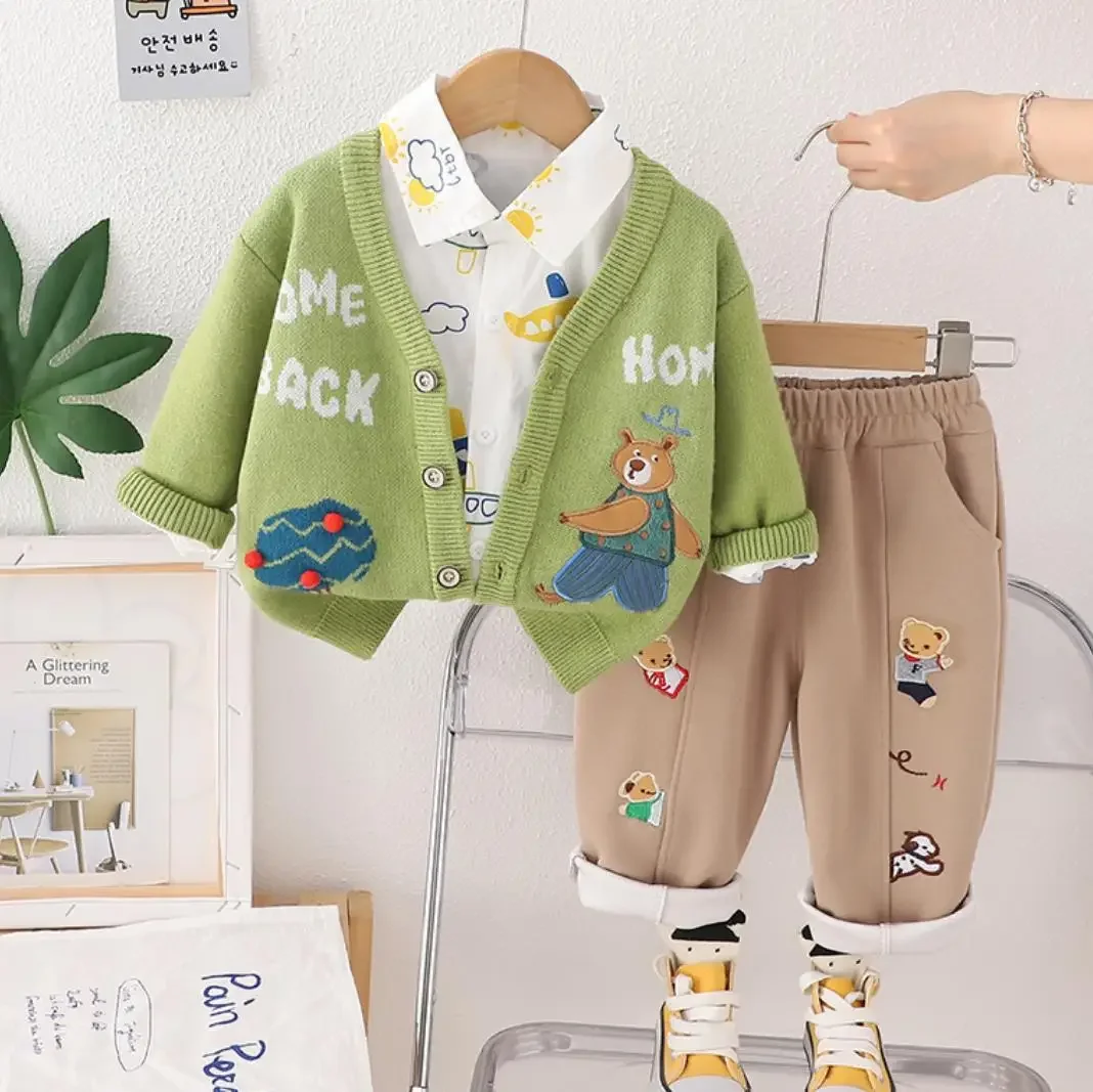 

2024 New Style Baby Boys Sets Clothes 1 To 2 Years Cartoon Knitted Bear Cardigan Sweater+Shirt+Pant 3PCS Outfits Kids Tracksuits