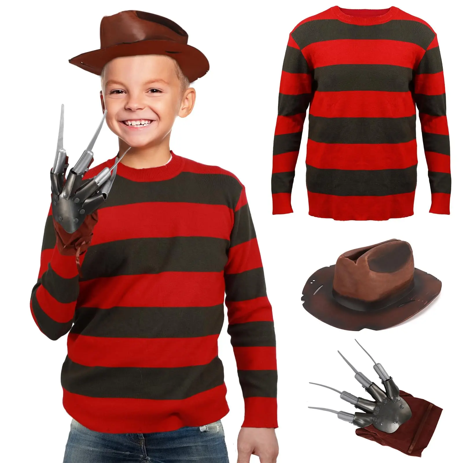 

Halloween Killer Costume Kids Sweater Hat Glove Killer Striped Jumper Krueger Halloween Cosplay Outfit 3-14 Years