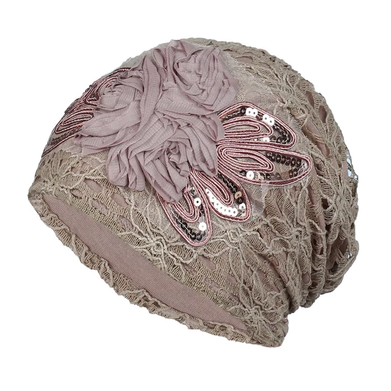 Eleganckie kobiety cekiny koronkowy turban czapka kwiaty muzułmańskie nakrycia głowy kapelusz kobiece chusty na głowę damska chusta na głowę Bonnet Turbante Mejur