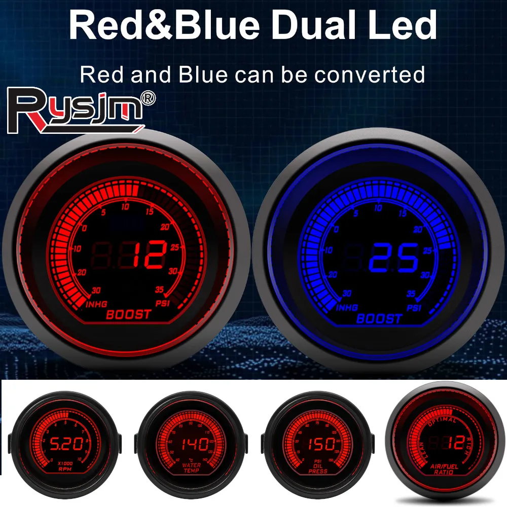 

2" 52mm LCD Display Car Gauges Tachometer RPM Water Temp Oil Temp Oil Press Voltmeter Boost Vacuum AFR Gauge Red Blue Backlight