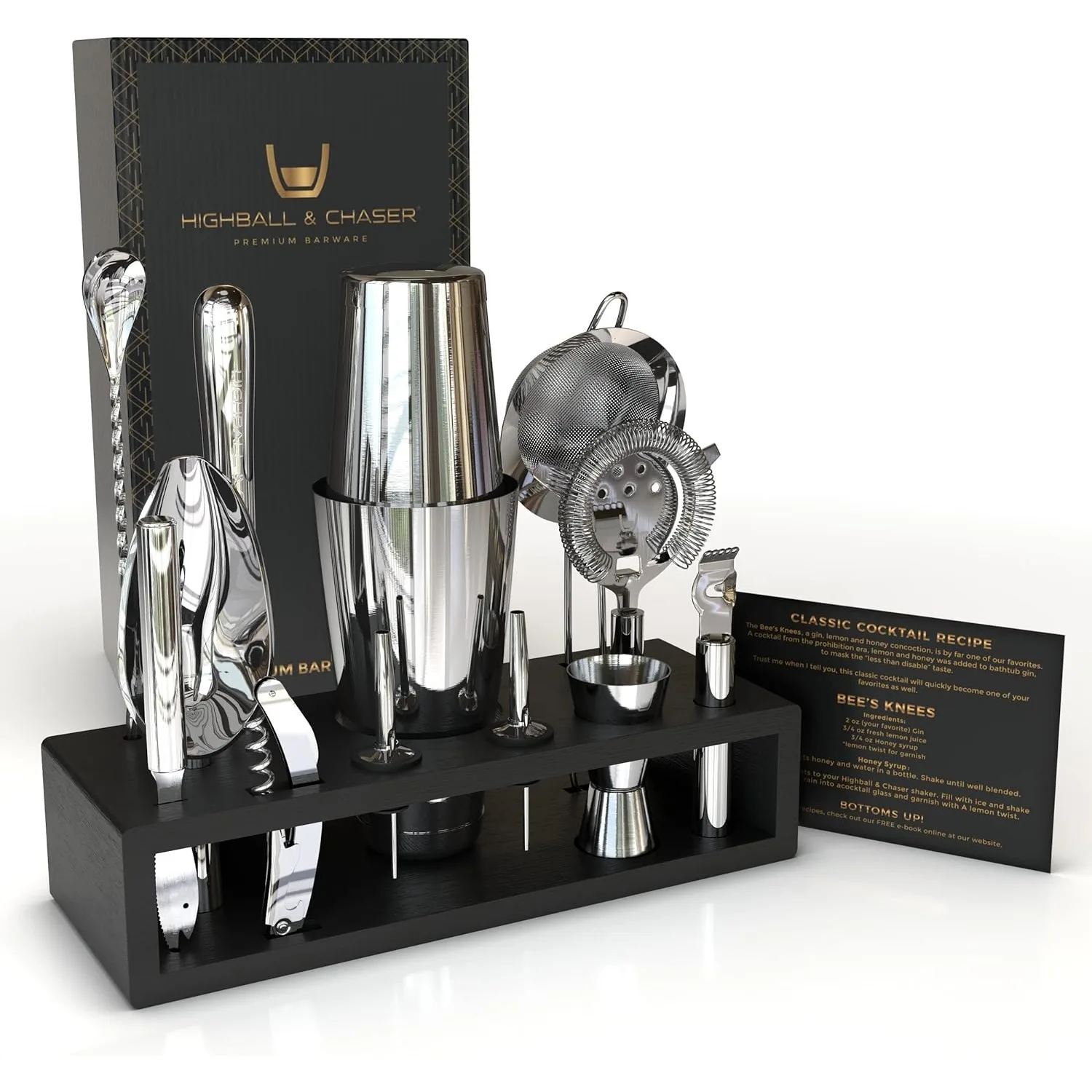 Highball &Chaser 13-Piece Boston Cocktail Shaker Set Stainless Steel Mixology Bartender Kit With Stand For Home Bar Cocktail Set