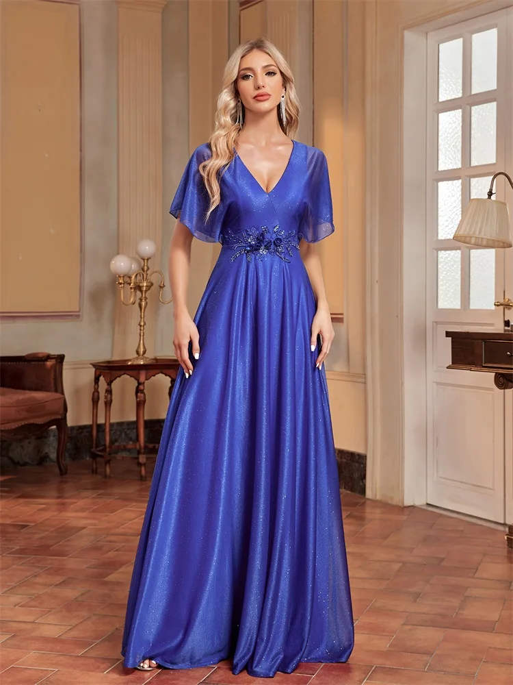 Lucyinlove Elegant Royal V-neck Formal Evening Dress 2024 Women Short Sleeves Applique Wedding Party Dresses Long Gowns