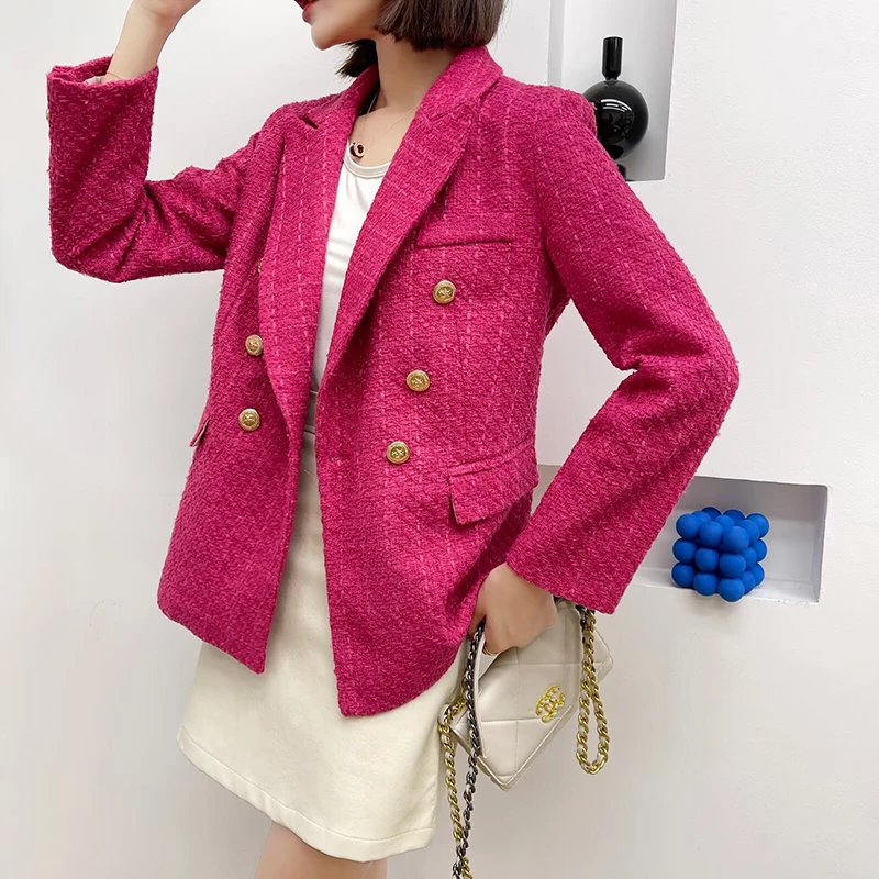 Women Fashion Tweed Double Breasted Blazer Coat Vintage Long Sleeve Flap Pockets Female Outerwear Ladies Suit Jacket