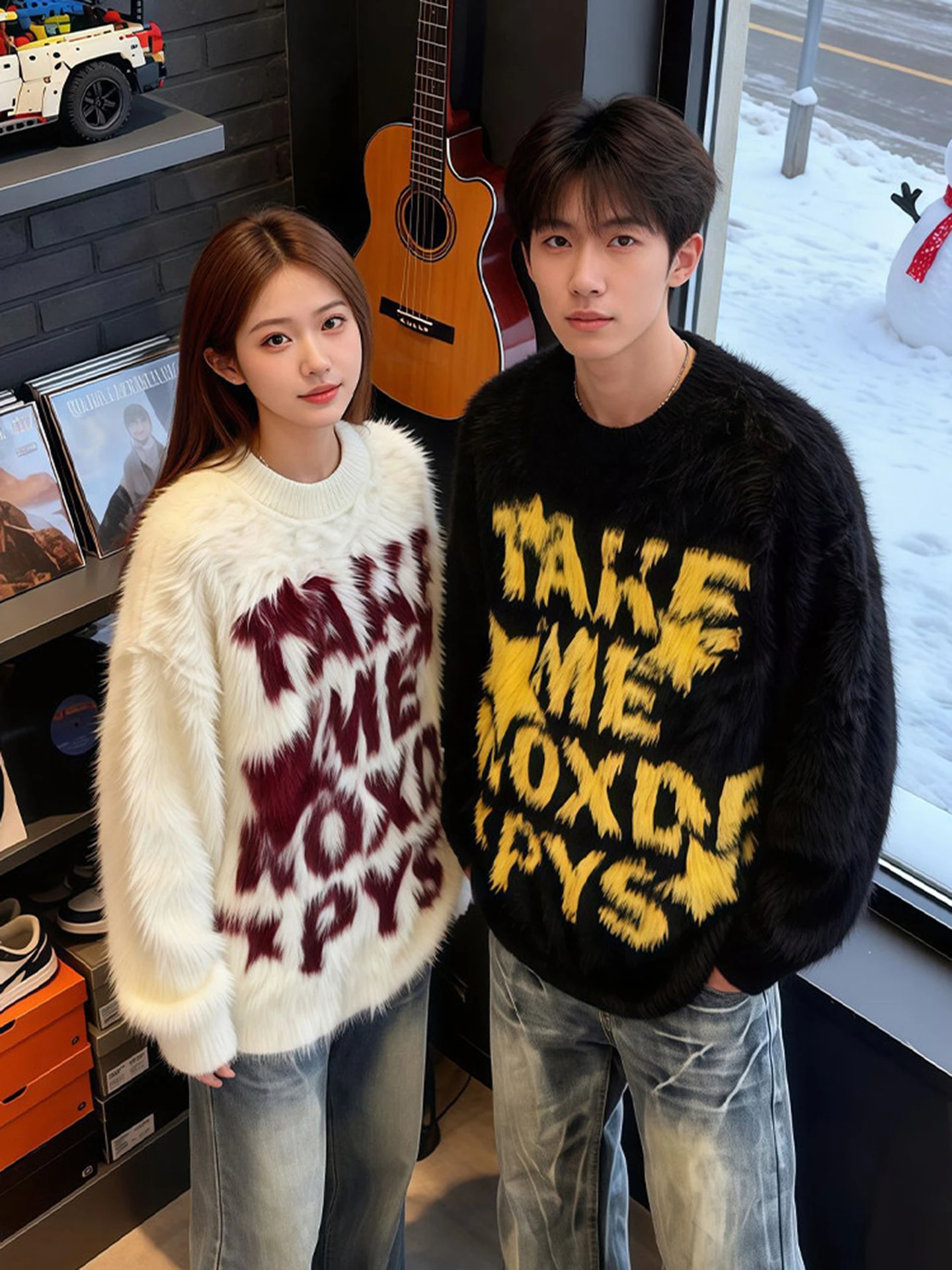 

Мужской вязаный свитер в стиле американской уличной моды, зимний, люксовый, с цветным буквенным принтом, свободного кроя, для пар, в стиле «ленивый шик»