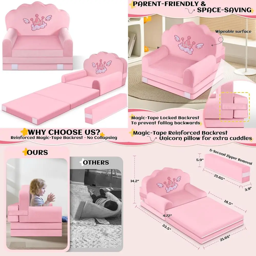 

Съемный чехол для кровати и моющегося стула для малышей Crown Kids — уютная бархатная мебель для игр, сна и путешествий (светло-розовая, Корона)