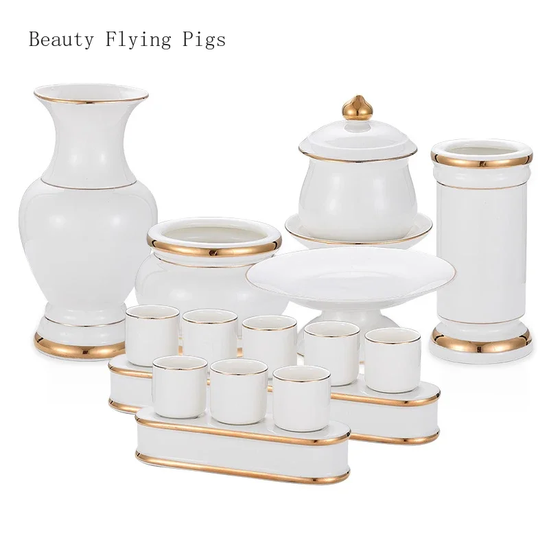 

Ceramic golden incense burner, Buddhist temple, holy water cup, fruit plate, vase, offering Buddhist supplies feng shui