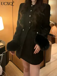 UCXQ Elegant Women's Set French Style O Neck Beading Faux Fox Fur Jacket Short Skirt Two-piece Set 2025 New Autumn Winter 3C2433