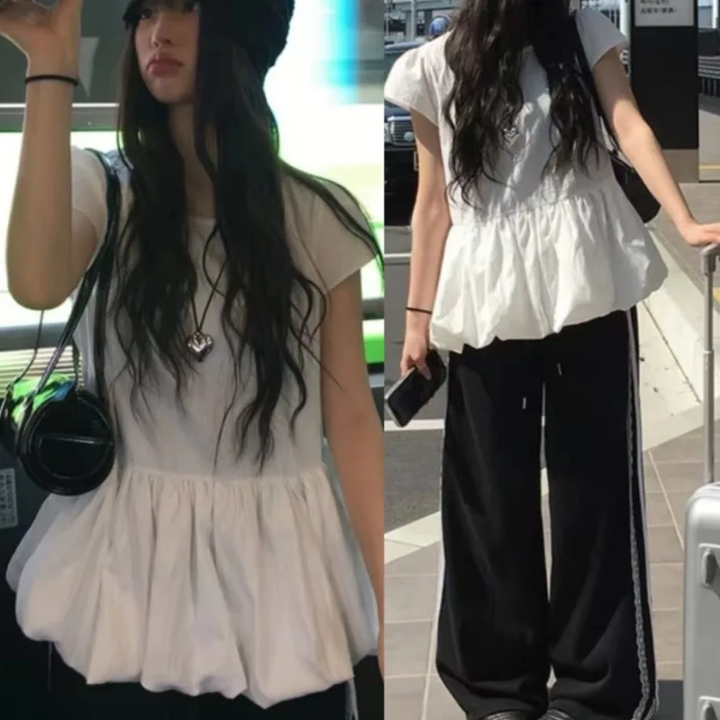 Korean Pleated Solid Color Casual Short-sleeved T-shirt Women 2025 Summer New Streetwear O-neck Fashion All Match Tops